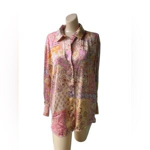Zara Paisley Satin V-neck Button Up Blouse Size XL Pink